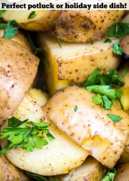 Pinterest pin with a photo of quartered potatoes in a slow cooker with fresh parsley on top.