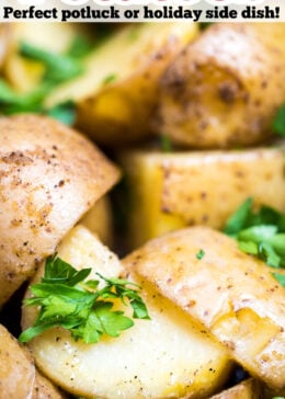 Pinterest pin with a photo of quartered potatoes in a slow cooker with fresh parsley on top.