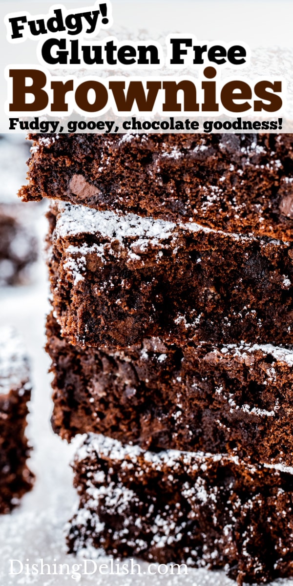 Pinterest pin with a photo of four brownies stacked on top of each other dusted in powdered sugar.