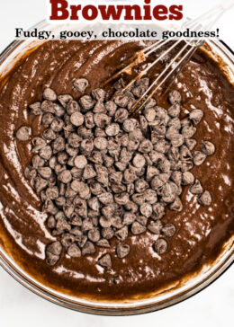 Pinterest pin with a photo of a bowl of raw brownie batter and a whisk with chocolate chips on top of batter.