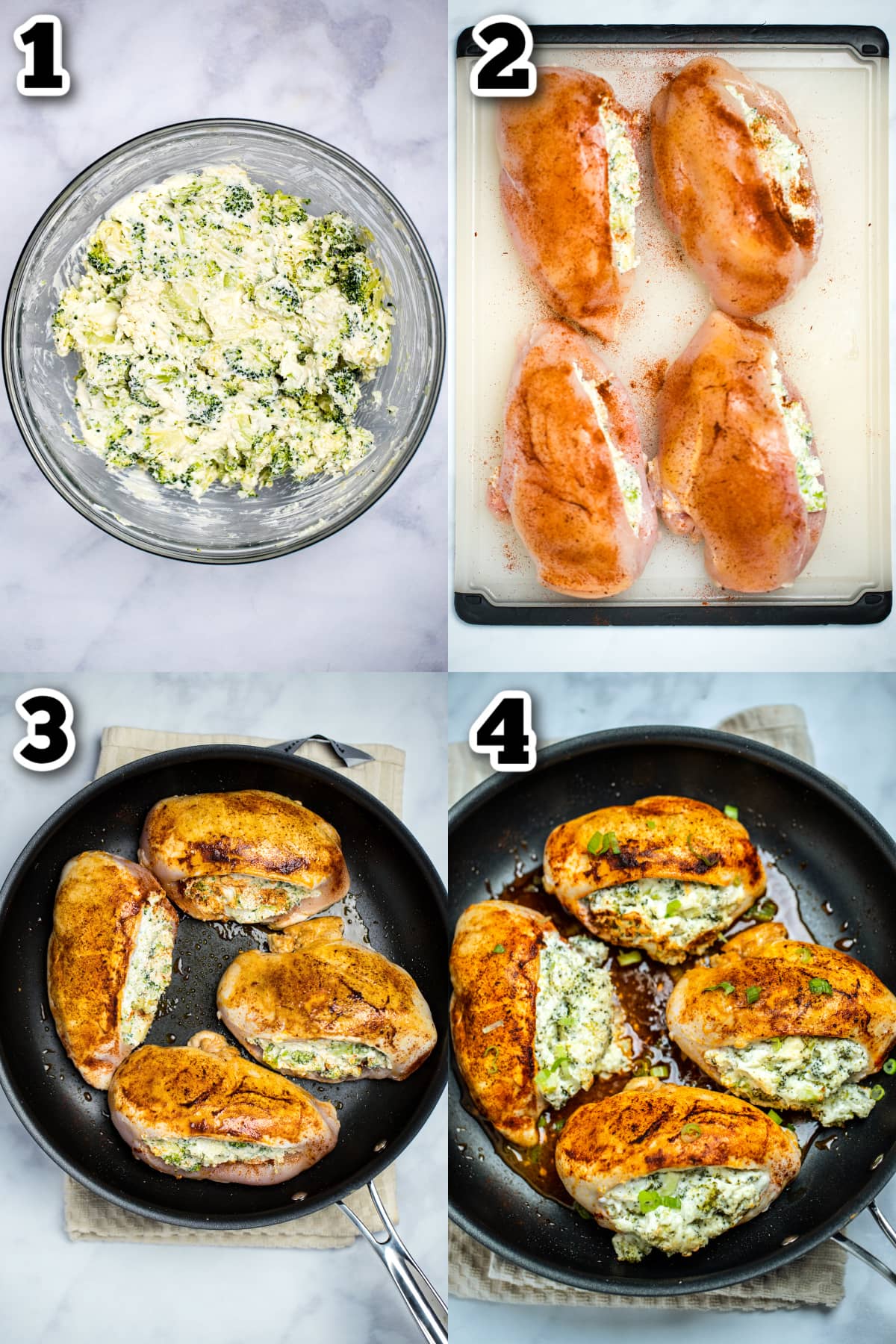 Step by step photos for how to make broccoli and cheese stuffed chicken breasts.