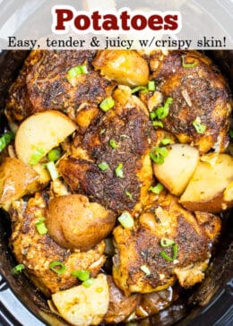 A pinterest pin for slow cooker chicken and potatoes with a photo looking at chicken thighs and potatoes in a slow cooker.
