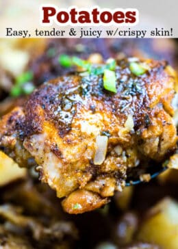 A pinterest pin with a photo of a spatula lifting a chicken thigh out of a slow cooker.