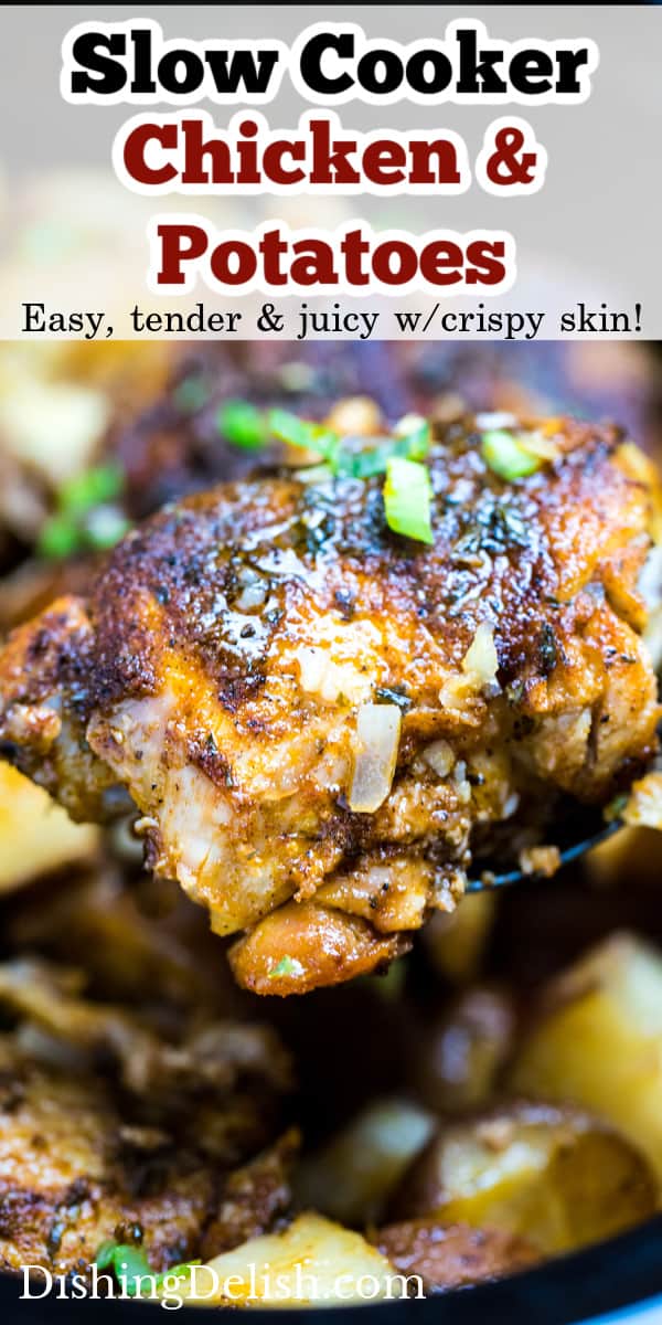 A pinterest pin with a photo of a spatula lifting a chicken thigh out of a slow cooker.