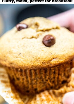 Pinterest pin with a hand removing the wrapper from a chocolate chip banana muffin.