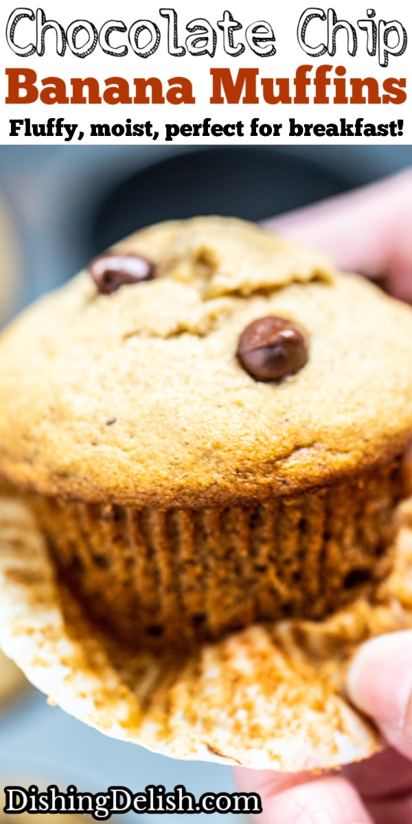 Pinterest pin with a hand removing the wrapper from a chocolate chip banana muffin.