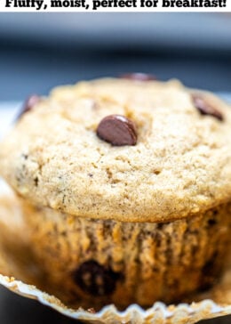 Pinterest pin with a banana muffin sitting in a muffin wrapper.