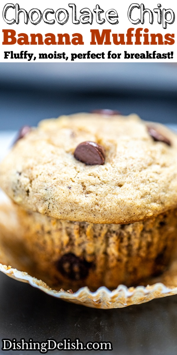 Pinterest pin with a banana muffin sitting in a muffin wrapper.