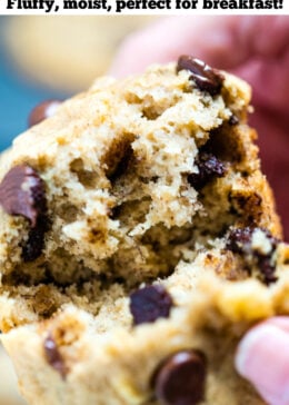 Pinterest pin with a hand breaking a chocolate chip banana muffin in half.