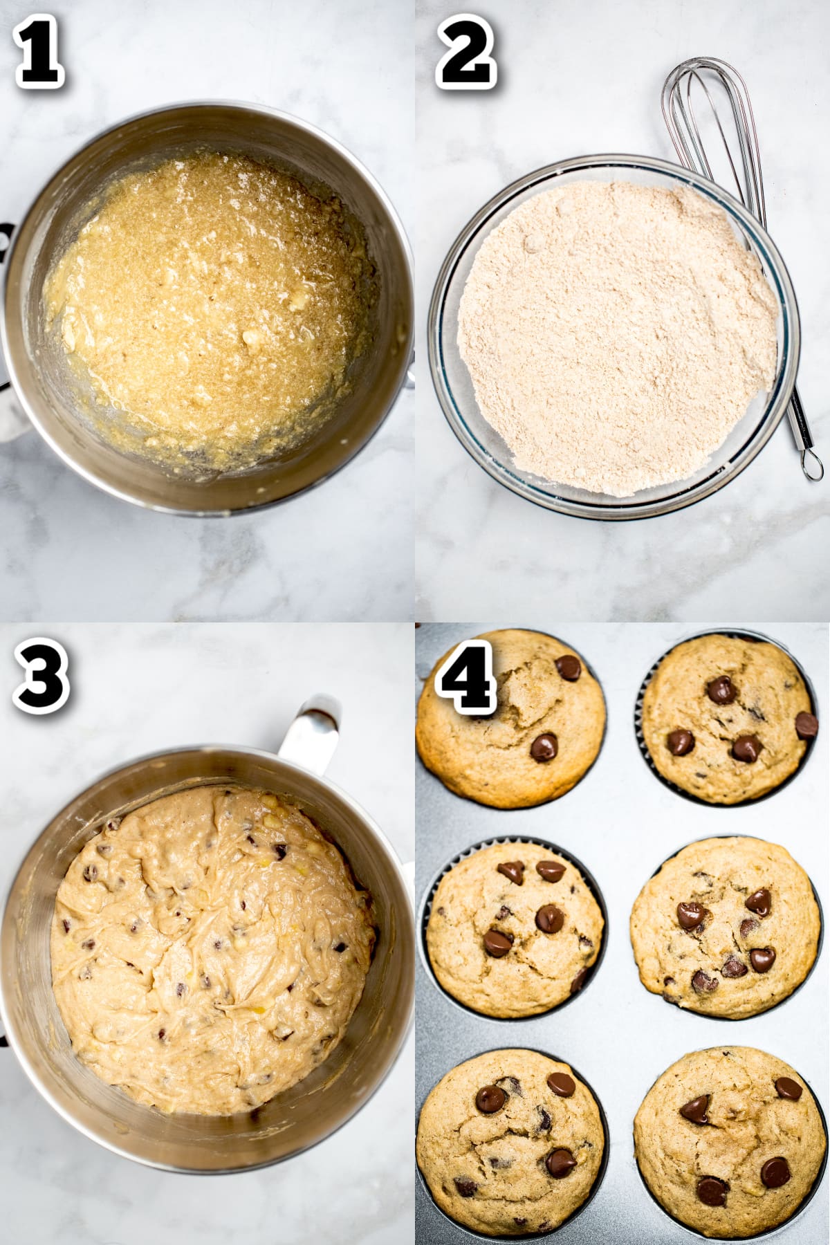 Step by step instructions for how to make chocolate chip banana muffins.