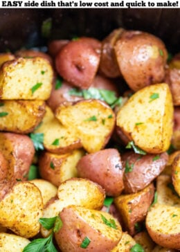 Pinterest pin with an air fryer basket full of red potatoes.