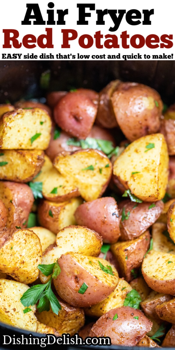 Pinterest pin with an air fryer basket full of red potatoes.