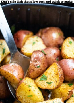 Pinterest pin with an air fryer basket full of red potatoes and a spoon lifting potatoes up.