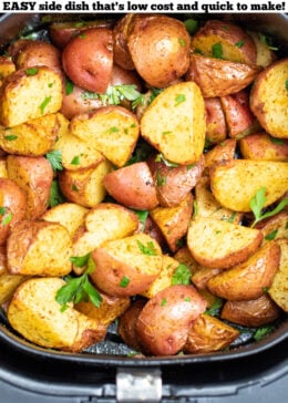 Pinterest pin with an air fryer basket full of red potatoes.