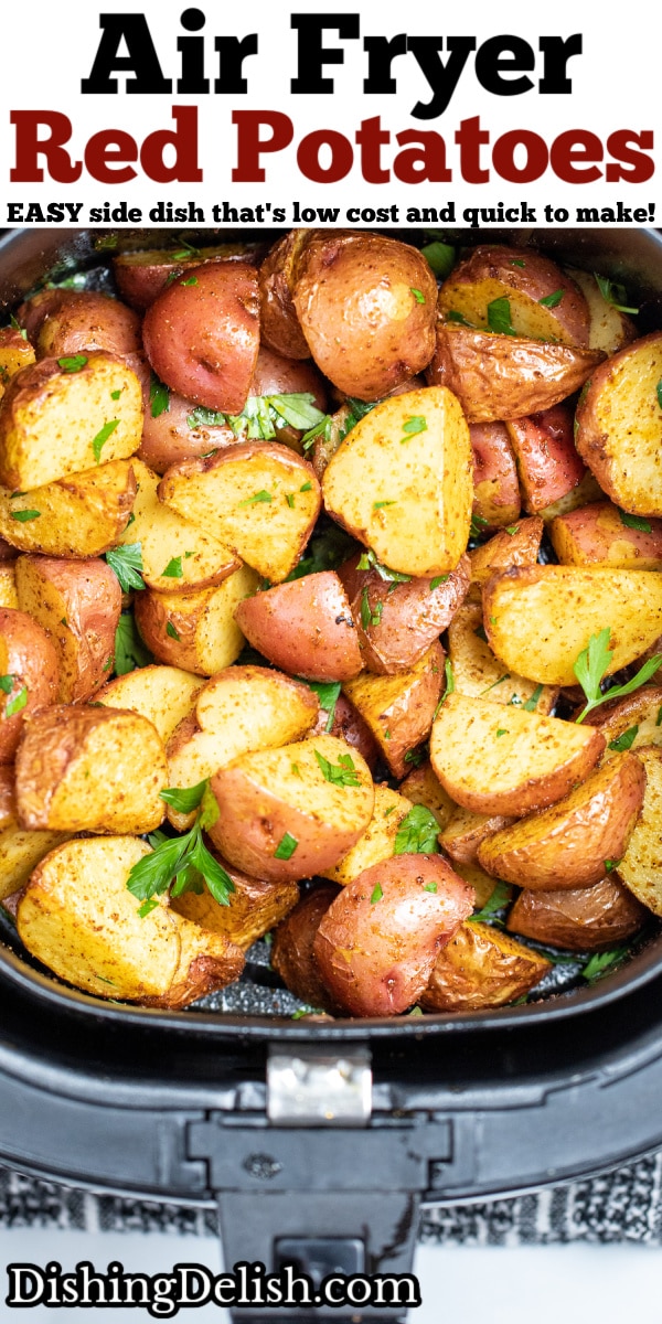 Pinterest pin with an air fryer basket full of red potatoes.