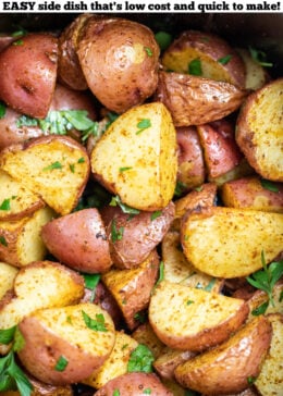 Pinterest pin with an air fryer basket full of red potatoes.