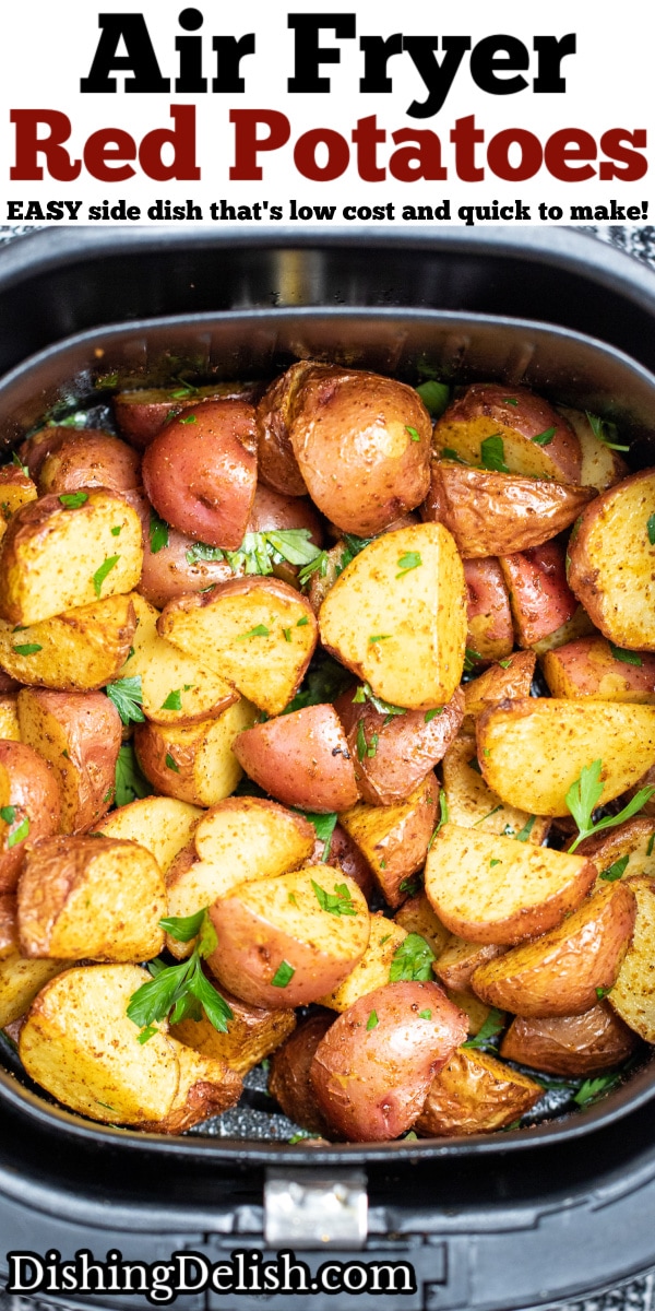 Pinterest pin with an air fryer basket full of red potatoes.