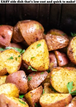 Pinterest pin with an air fryer basket full of red potatoes.