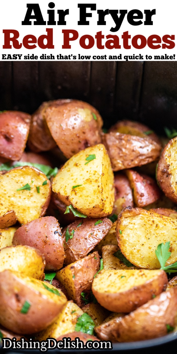 Pinterest pin with an air fryer basket full of red potatoes.