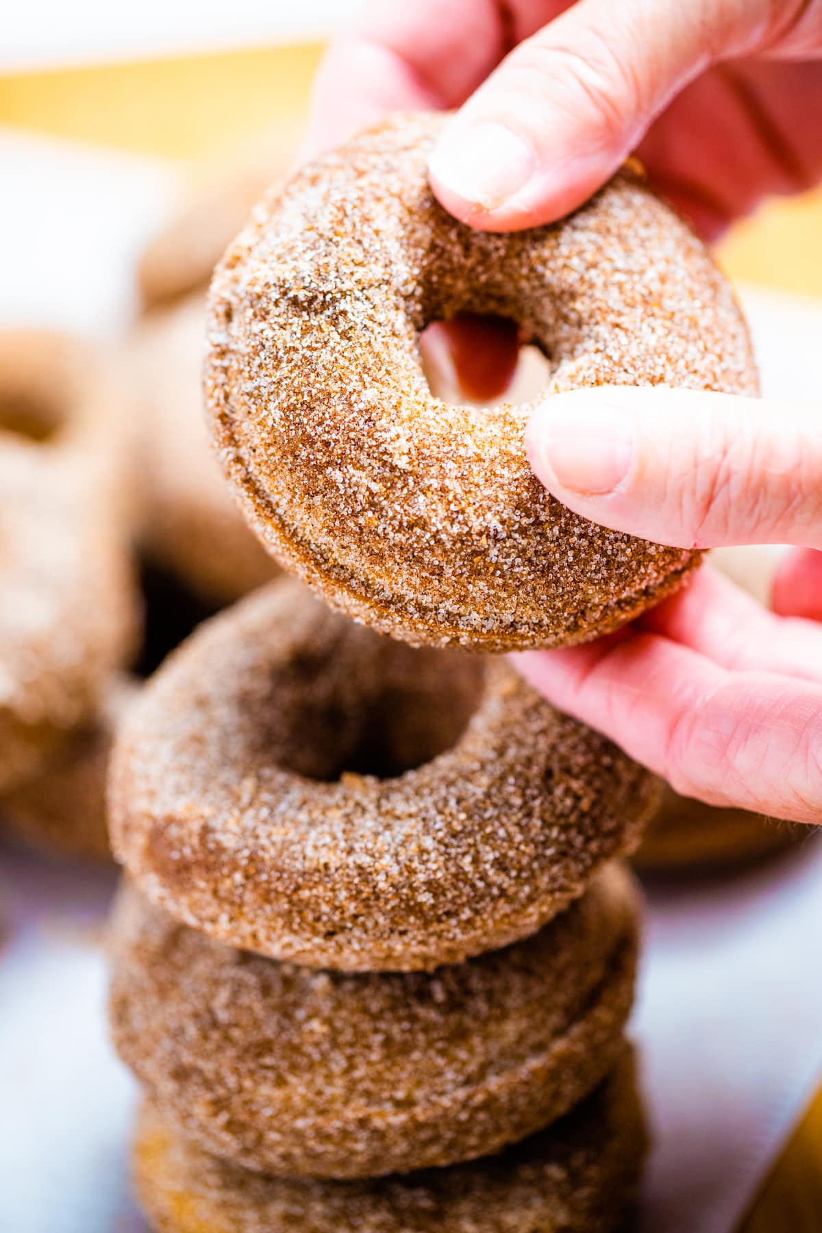 Four doughnuts stacked on top of each other coated in cinnamon sugar with a hand holding the top one.