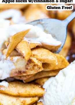 Pinterest pin with a photo of a spoon scooping up ice cream and cinnamon apple slices.