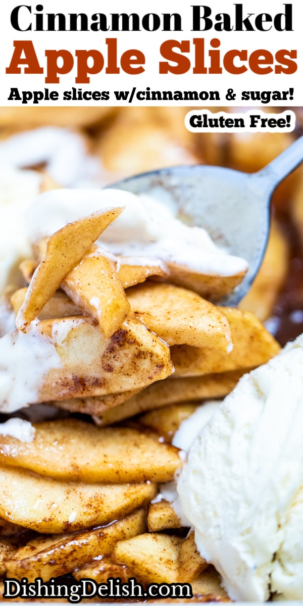 Pinterest pin with a photo of a spoon scooping up ice cream and cinnamon apple slices.