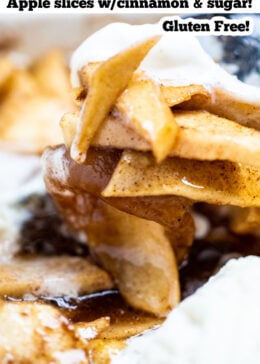 Pinterest pin with a photo of a spoon scooping up ice cream and cinnamon apple slices.