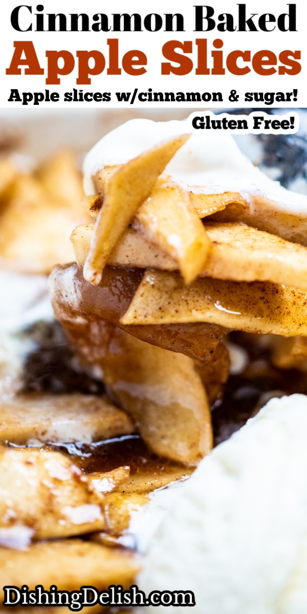 Pinterest pin with a photo of a spoon scooping up ice cream and cinnamon apple slices.