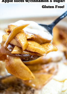 Pinterest pin with a photo of a spoon scooping up ice cream and cinnamon apple slices.