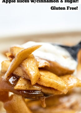 Pinterest pin with a photo of a spoon scooping up ice cream and cinnamon apple slices.