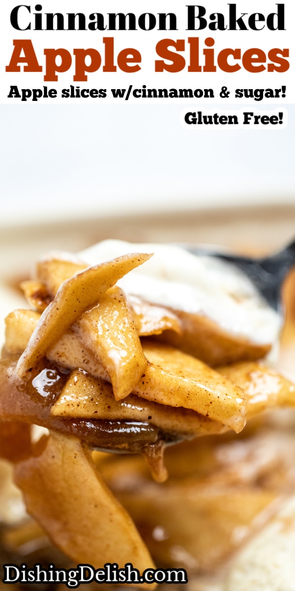 Pinterest pin with a photo of a spoon scooping up ice cream and cinnamon apple slices.