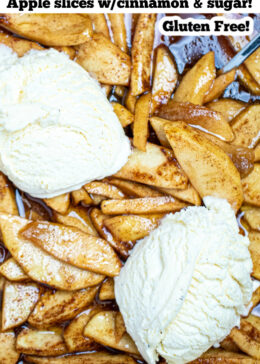 Pinterest pin with a baking dish of ice cream and cinnamon apple slices.