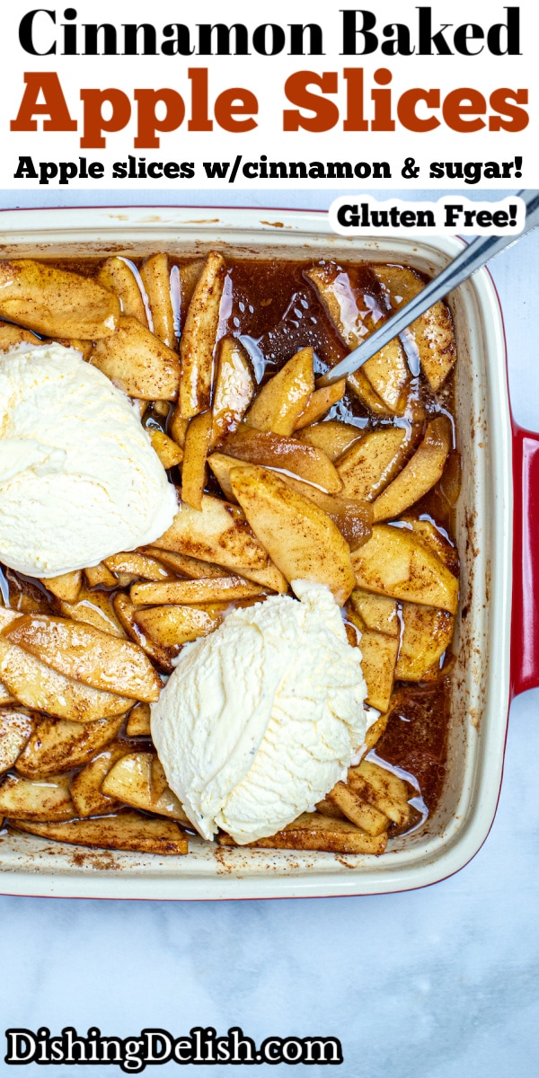 Pinterest pin with a baking dish of ice cream and cinnamon apple slices.