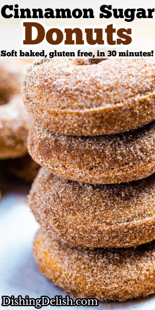 Pinterest pin with four doughnuts coated in cinnamon sugar stacked on top of each other.