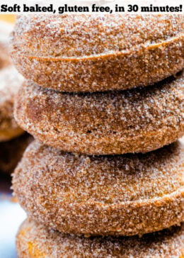 Pinterest pin with four doughnuts coated in cinnamon sugar stacked on top of each other.