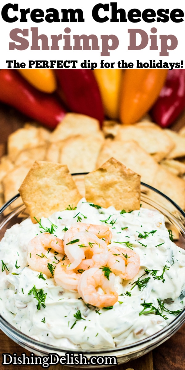 Pinterest pin of a bowl of shrimp dip with mini shrimp on top next to gluten free crackers.