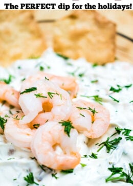 Pinterest pin of a bowl of shrimp dip with mini shrimp on top next to gluten free crackers.