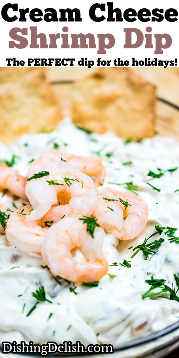 Pinterest pin of a bowl of shrimp dip with mini shrimp on top next to gluten free crackers.