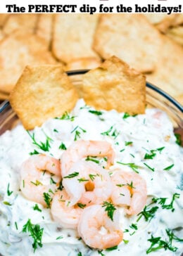 Pinterest pin of a bowl of shrimp dip with mini shrimp on top next to gluten free crackers.