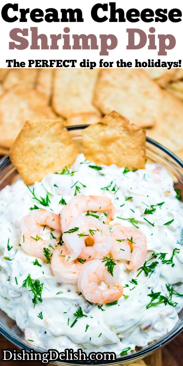 Pinterest pin of a bowl of shrimp dip with mini shrimp on top next to gluten free crackers.