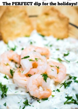 Pinterest pin of a bowl of shrimp dip with mini shrimp on top next to gluten free crackers.