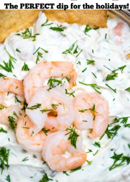 Pinterest pin of a bowl of shrimp dip with mini shrimp on top next to gluten free crackers.