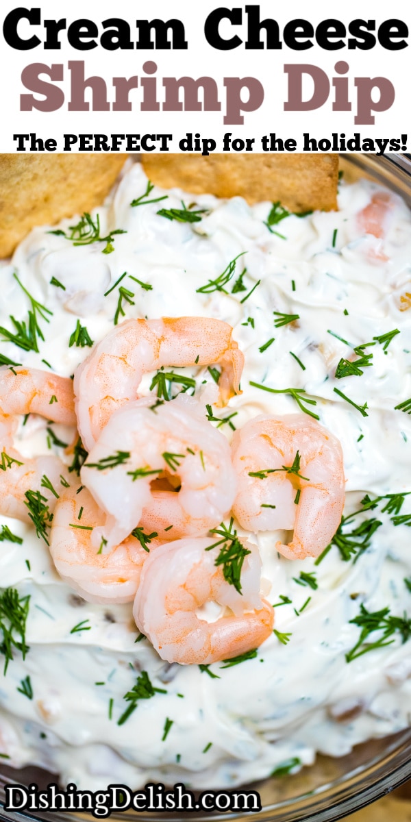 Pinterest pin of a bowl of shrimp dip with mini shrimp on top next to gluten free crackers.