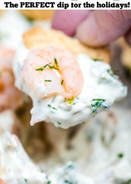 Pinterest pin of a bowl of shrimp dip with a hand scooping dip onto a cracker.
