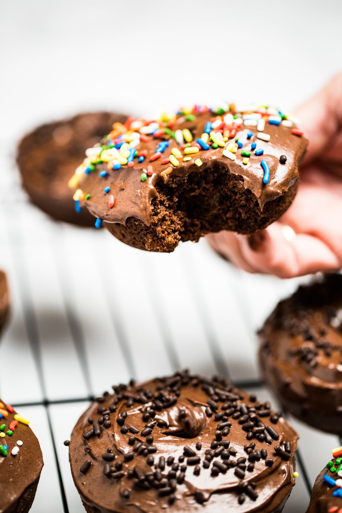 Chocolate donut with rainbow sprinkles with a bite taken out of it being held by a hand.