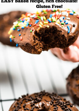 Pinterest pin of a chocolate donut with chocolate sprinkles and a chocolate donut with rainbow sprinkles.