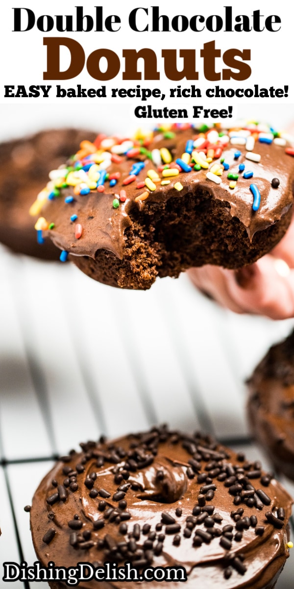 Pinterest pin of a chocolate donut with chocolate sprinkles and a chocolate donut with rainbow sprinkles.