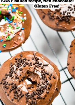 Pinterest pin of a chocolate donut with chocolate sprinkles.