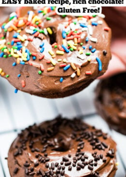 Pinterest pin of a chocolate donut with chocolate sprinkles and a chocolate donut with rainbow sprinkles.