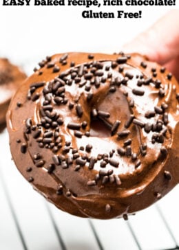 Pinterest pin of a chocolate donut with chocolate sprinkles.